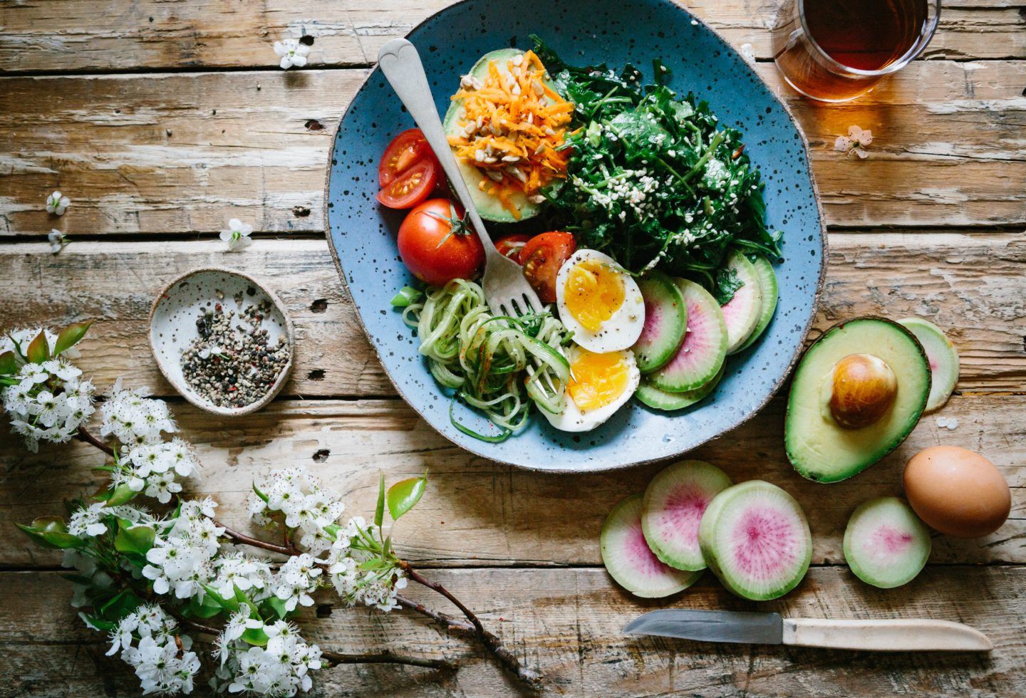 Rustic table with healthy food options