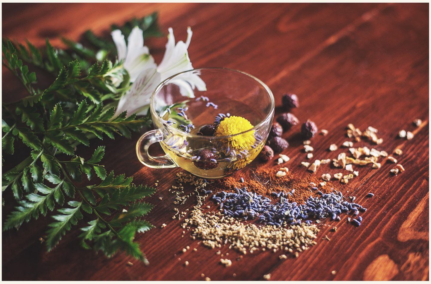 herbs on wooden table top