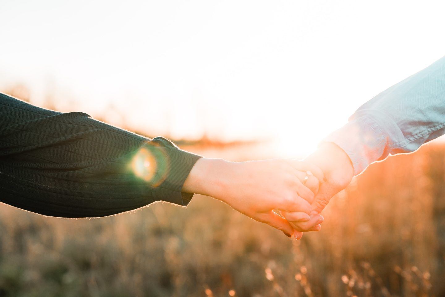 Holding hands in sunny field