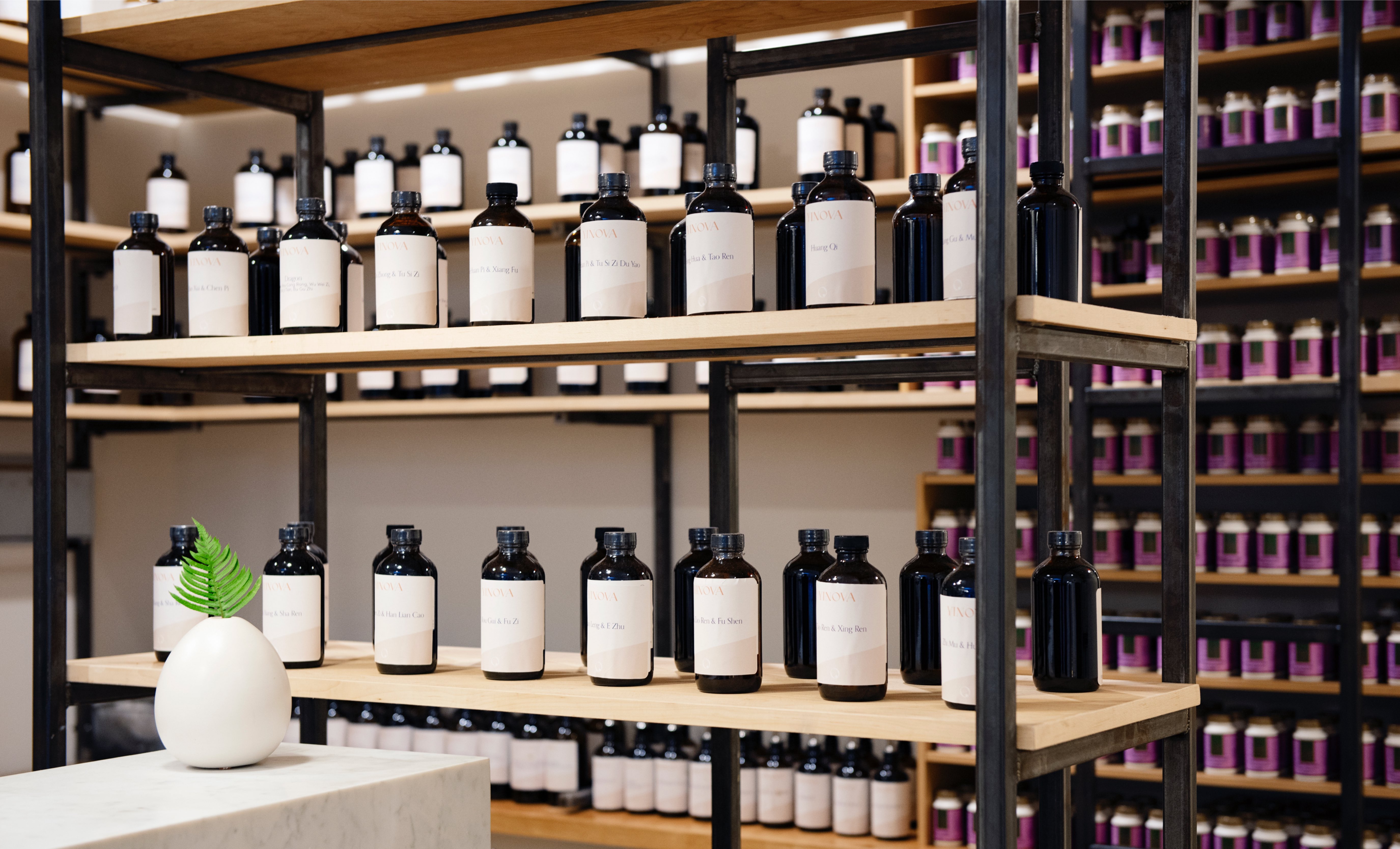 Our herbal pharmacy, filled with amber glass bottles 