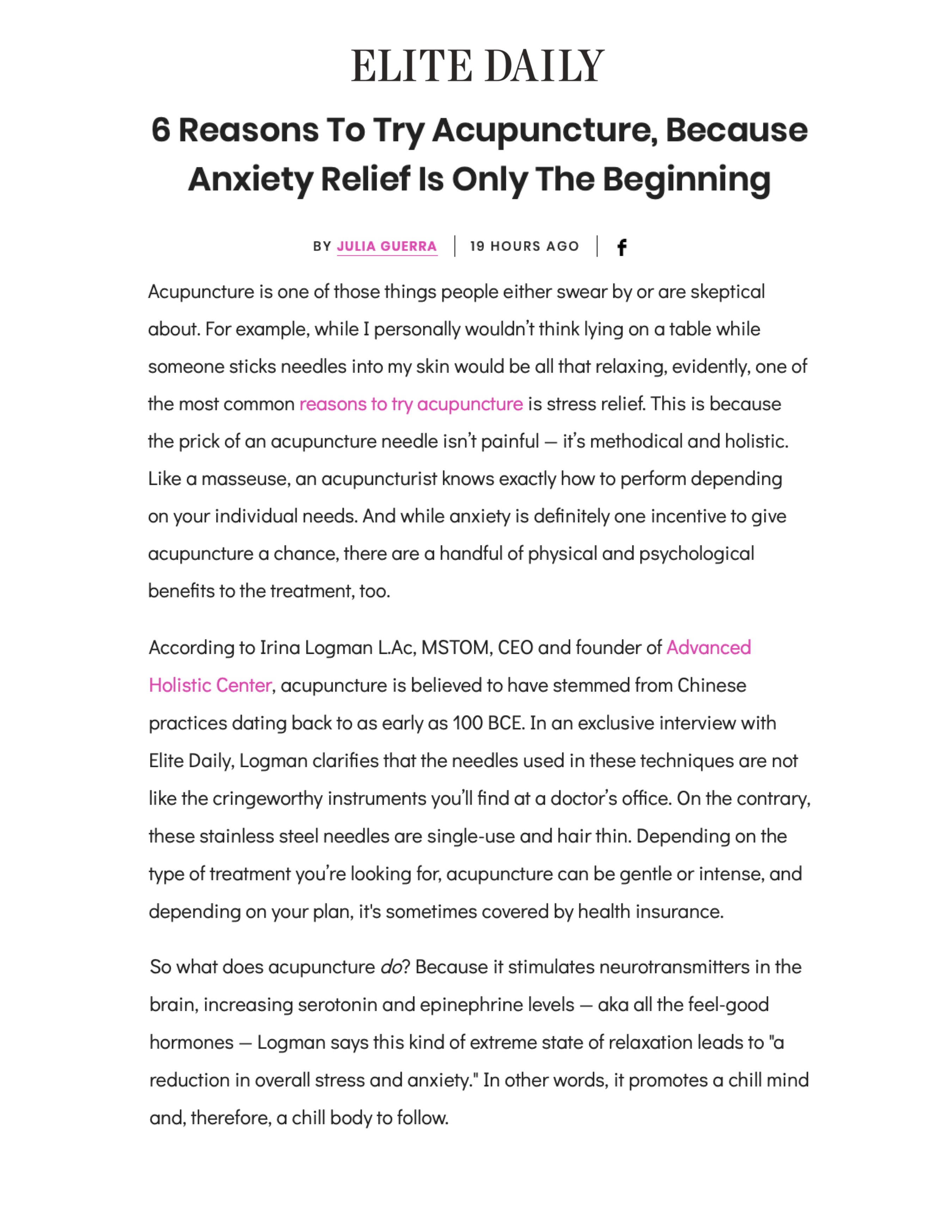 Elite Daily: 6 Reason to Try Acupuncture