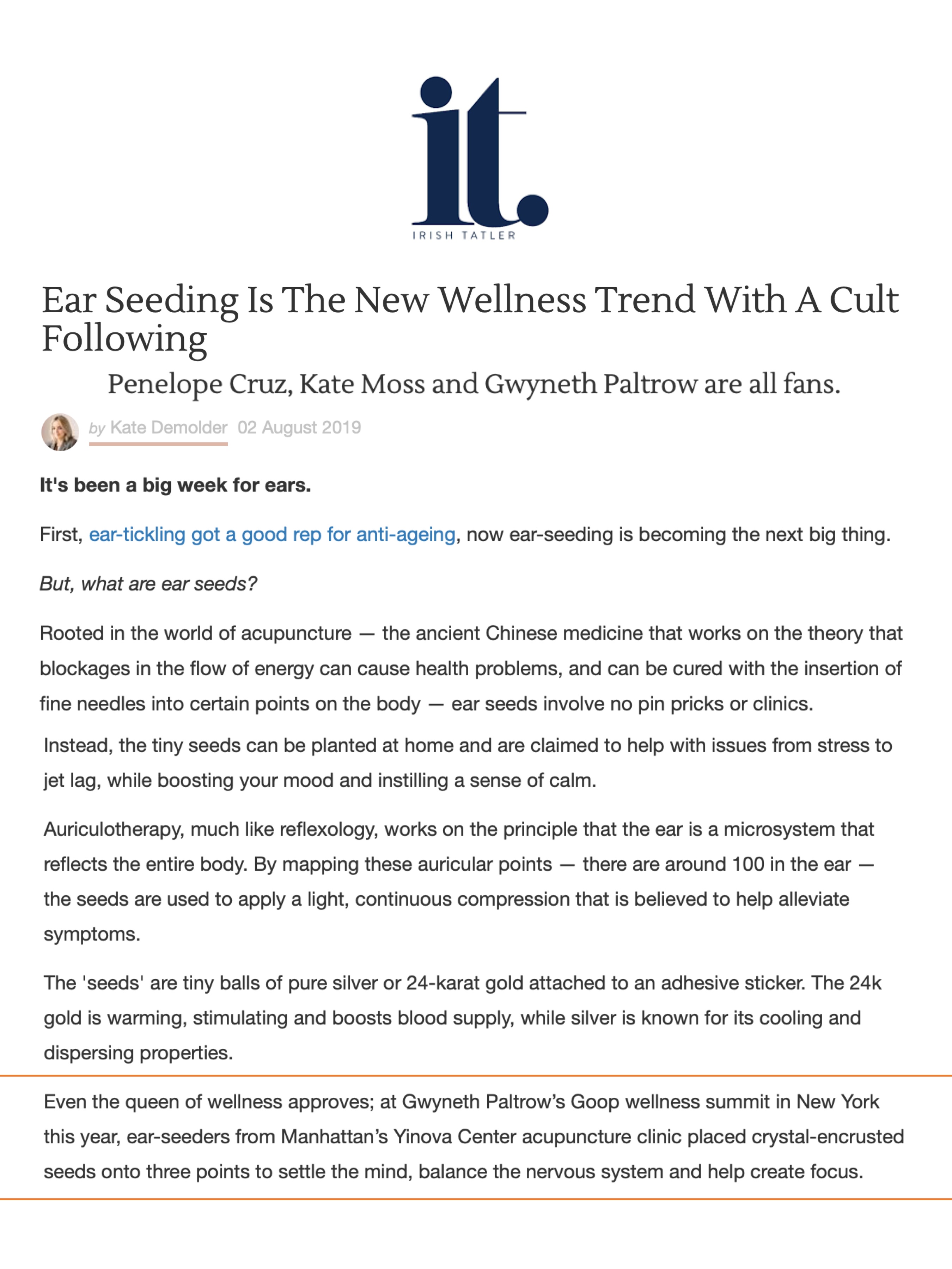 Irish Tatler: Ear Seeding Is The New Wellness Trend With A Cult Following