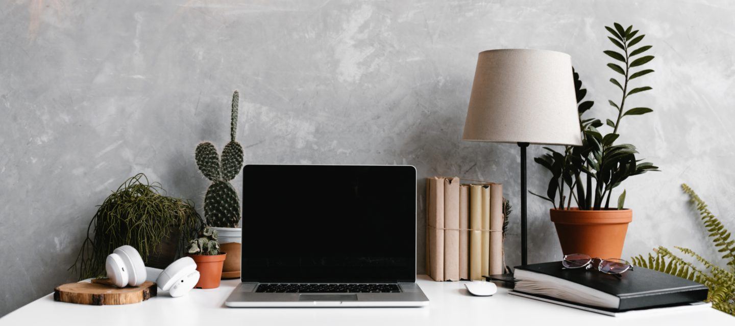 Modern laptop with blank screen placed on desk amidst various potted plants and books near concrete wall at home