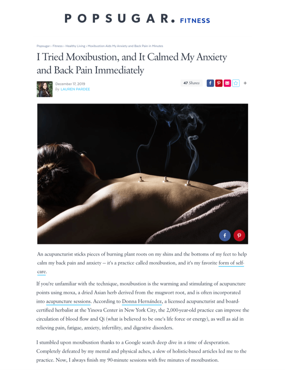 Popsugar: Moxibustion Aids My Anxiety and Back Pain in Minutes