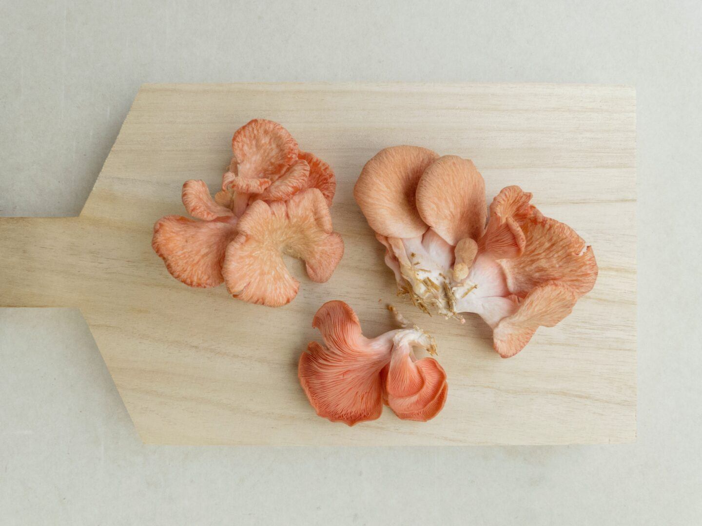 a handful of pink mushrooms lay on a wooden chopping board