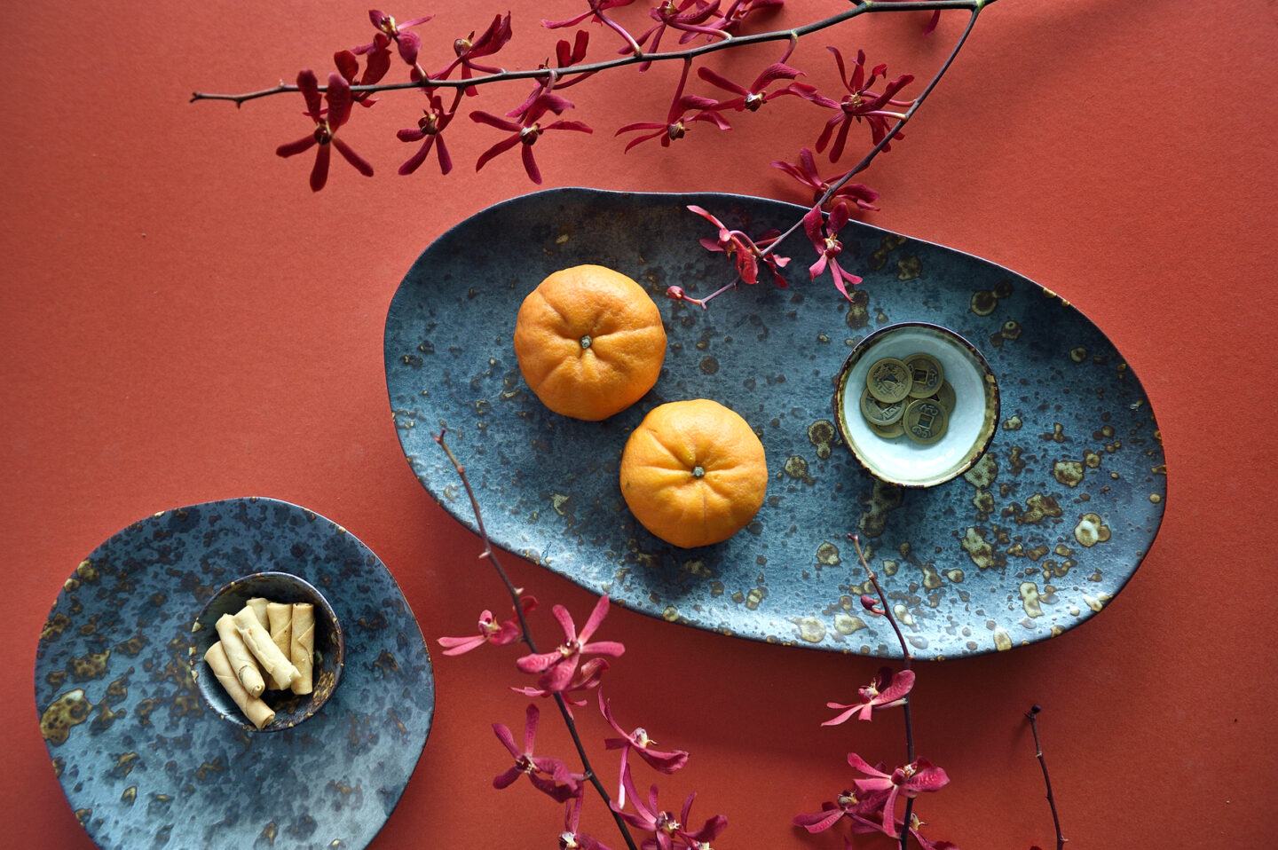 Modern dishes with Lunar New Year decor