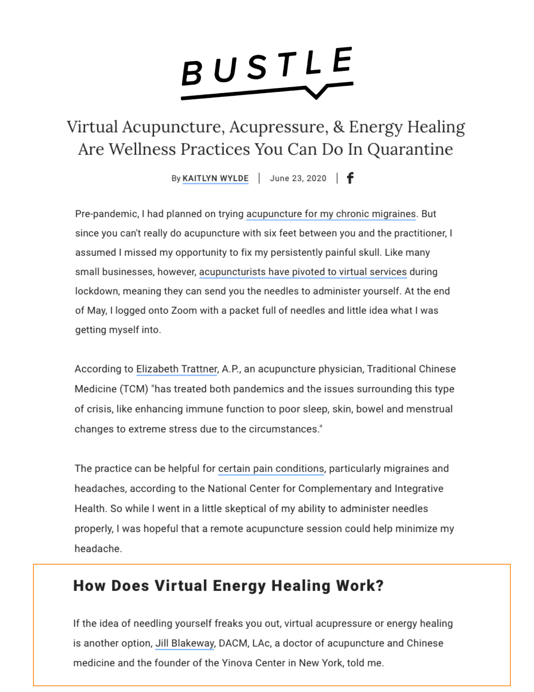 Bustle: Virtual Acupuncture, Acupressure, & Energy Healing Are Wellness Practices You Can Do In Quarantine