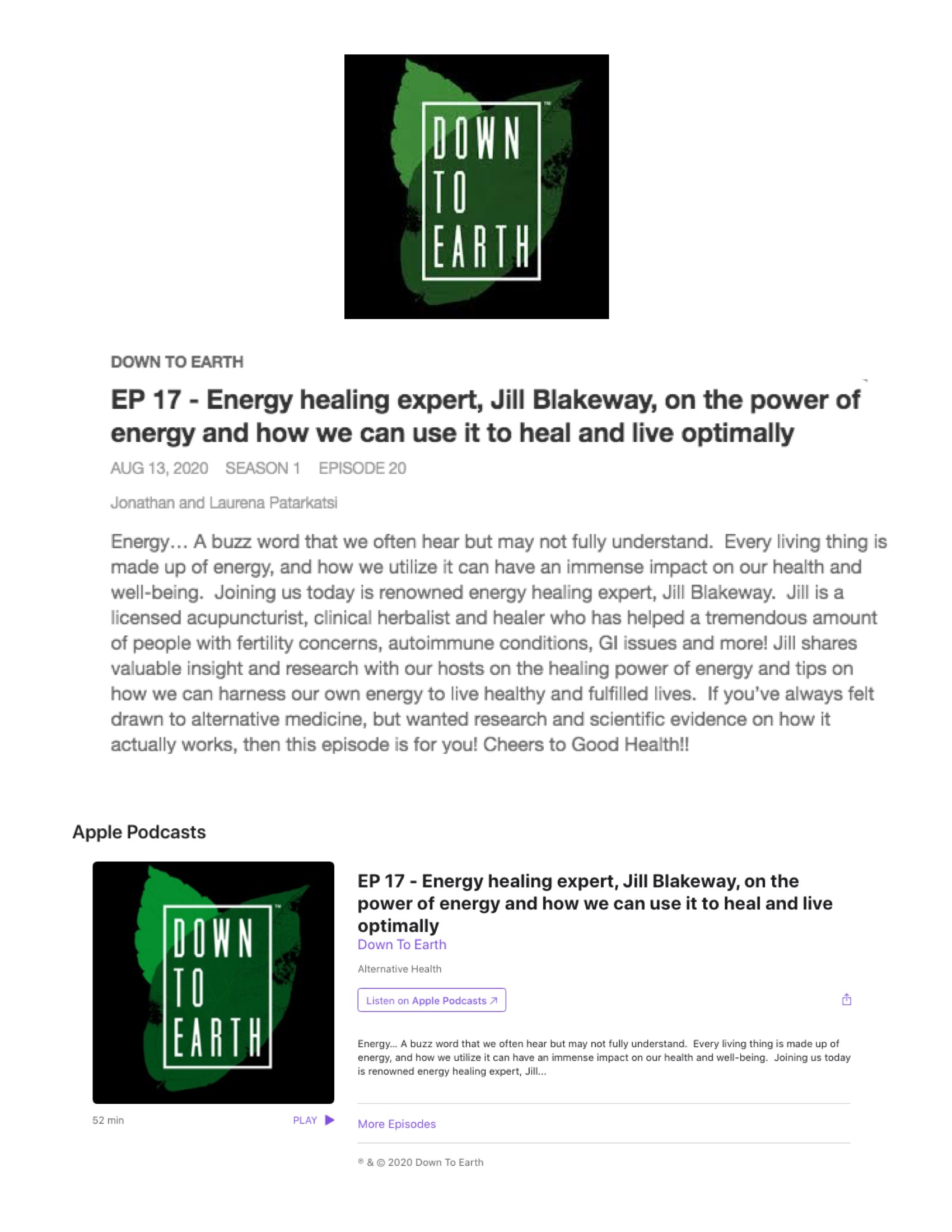 Down to Earth podcast: Energy healing expert, Jill Blakeway, on the power of energy and how we can use it to heal and live optimally