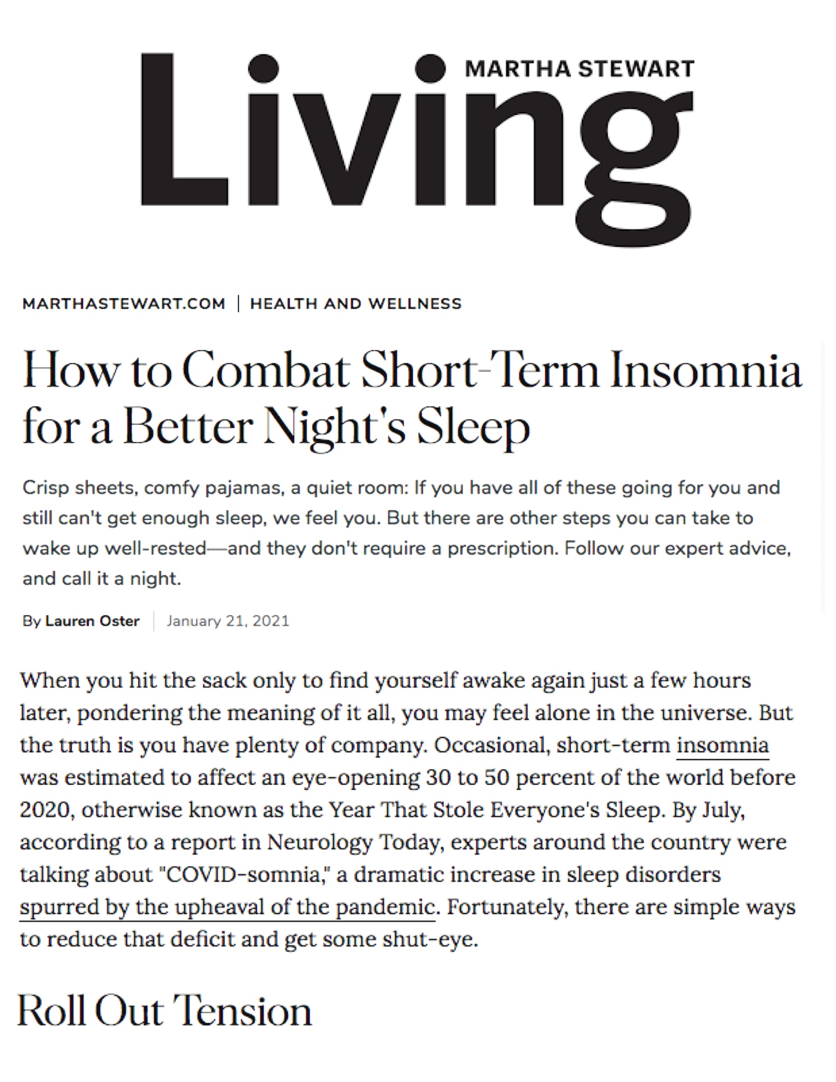 Martha Stewart Living: How to Combat Short-Term Insomnia for a Better Night’s Sleep