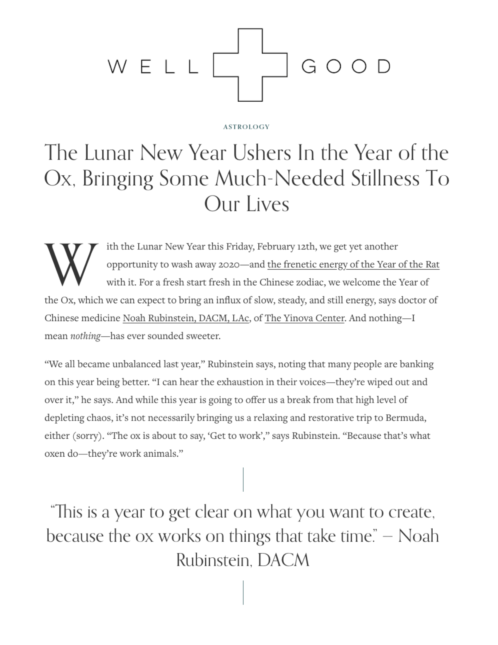 Well+Good: The Lunar New Year Ushers In the Year of the Ox