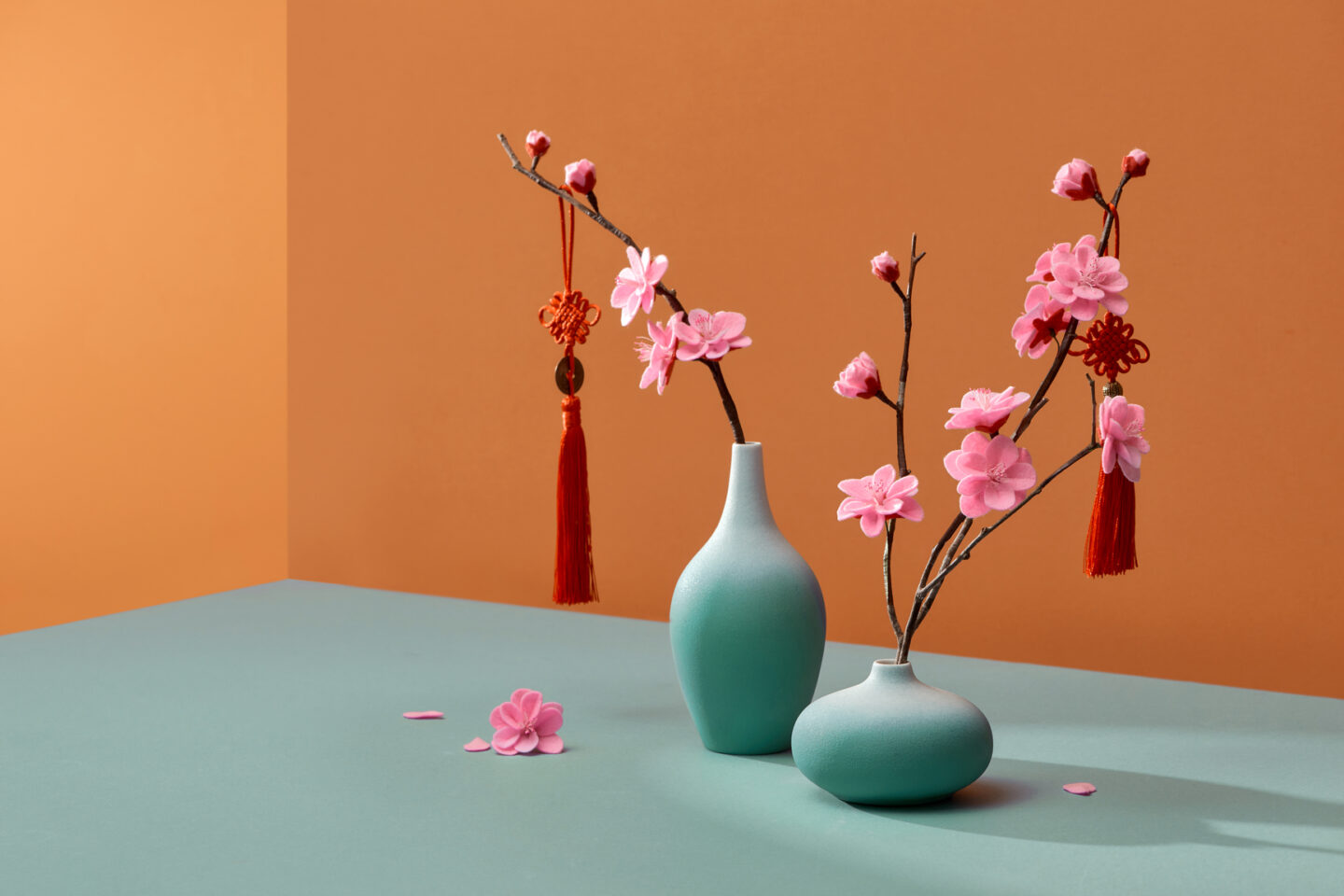 Flowering branches in vase with lucky knot isolated on color